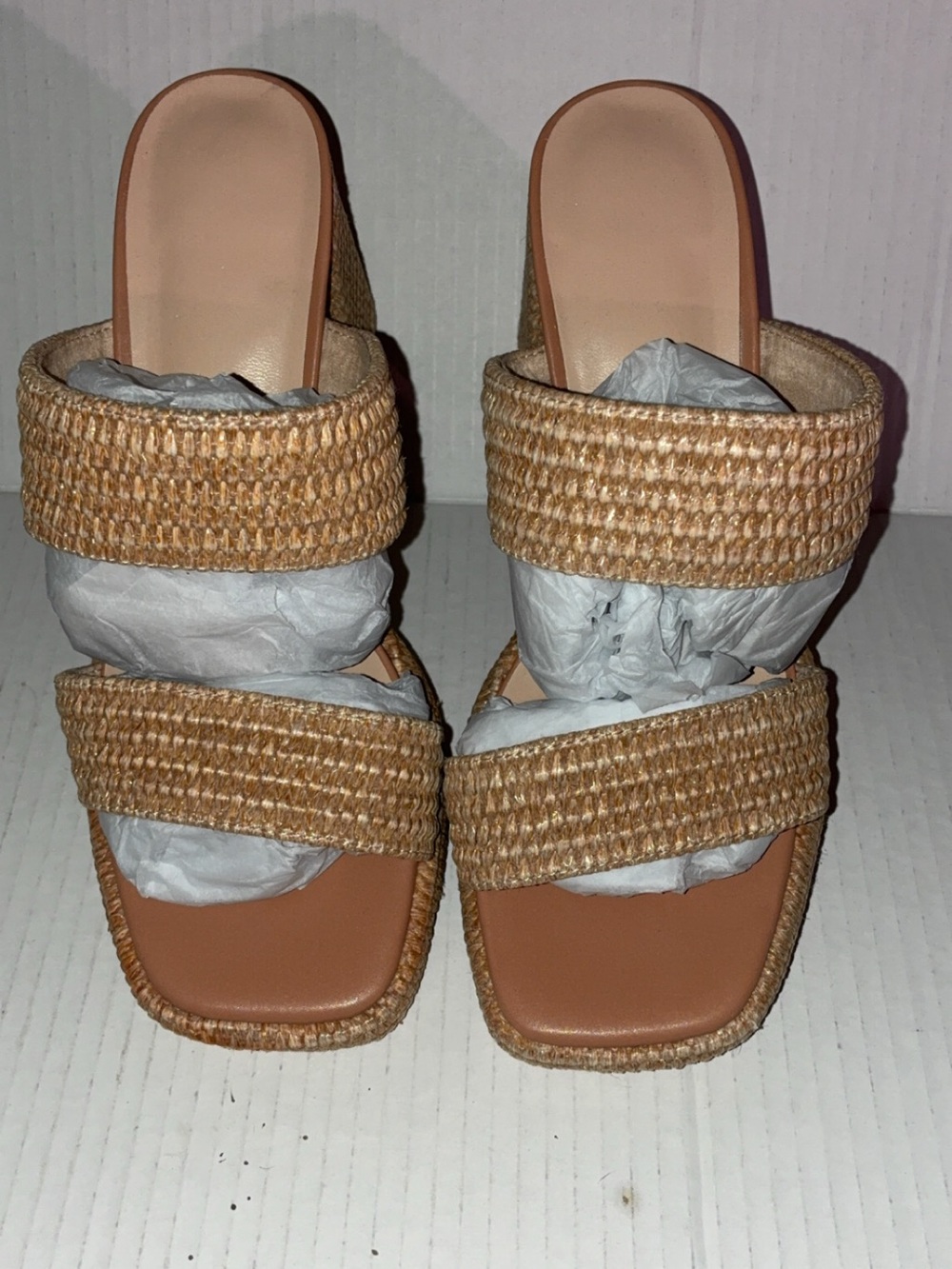 Woven Straw Double-Strap Slide Sandals - Tan
